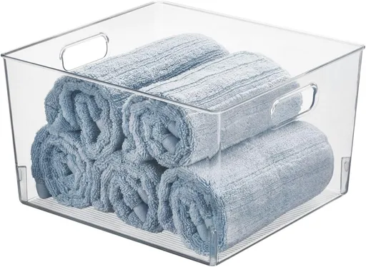 Large Modern Stackable Plastic Storage Organizer Bin Basket with Handles for Bathroom Vanity Organization - Shelf, Cubby, Cabinet, or Closet Organizing Decor, Ligne Collection - Clear