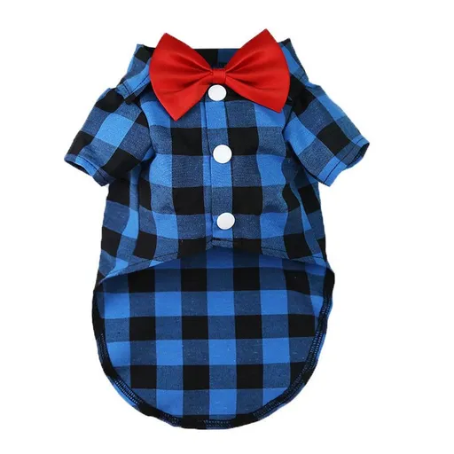 Shine Dog Plaid Shirt Suit Wedding Teddy Blue and Black Plaid Bow-tie Shirt L bust 45 back length 35cm
