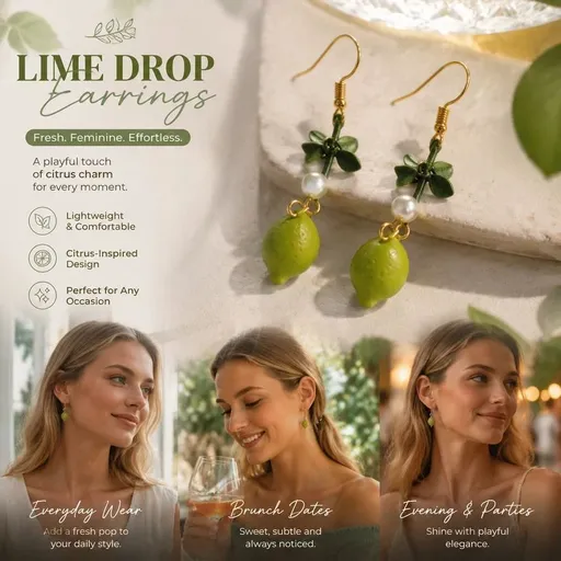 Mild Clover Hook Earrings, Single Pearl Matched With Green Lemon Detail, Pair Set