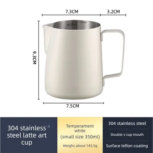350ml Stainless Steel Milk Frothing Pitcher Pointed Spout Steaming Jug with Measurement Marks for Latte Art Home Baristas White