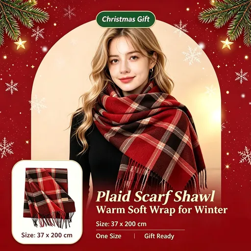 Plaid Warm Scarf for Women, Cashmere Feel Versatile Neck Warmer Shawl 37x200cm Coffee Red Check Pattern for Daily Outfit Matching & Christmas Holiday Gift