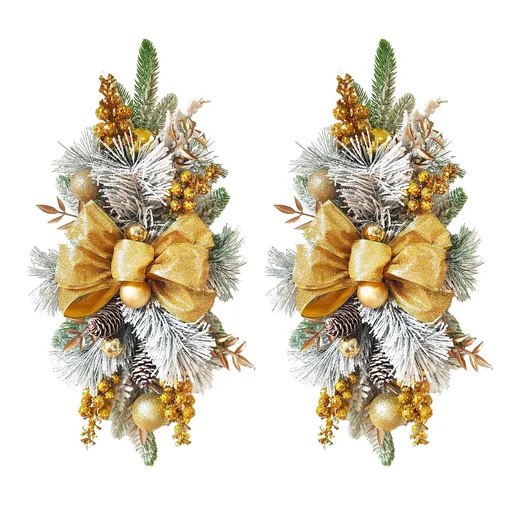 2pcs 21.6in Xmas Staircase Wreath with Berries Pinecones Bowknot Xmas Teardrop Swags Golden