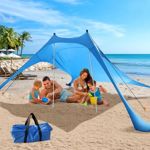 210*200*150CM 2 Poles Beach Tent Shade Canopy with UPF50+ Protection Sun Shelter Portable Camping Tents with Sandbags Poles and Ground Pegs and Anti-Wind Ropes for Beach Outdoor Camping Backyard Picnics - Blue