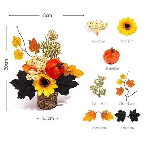 Autumn artificial mini potted plant, woven basket paired with sunflowers, pumpkins, and maple leaves, full and realistic petals, no maintenance required, adding warm autumn vibes to your home./30G model