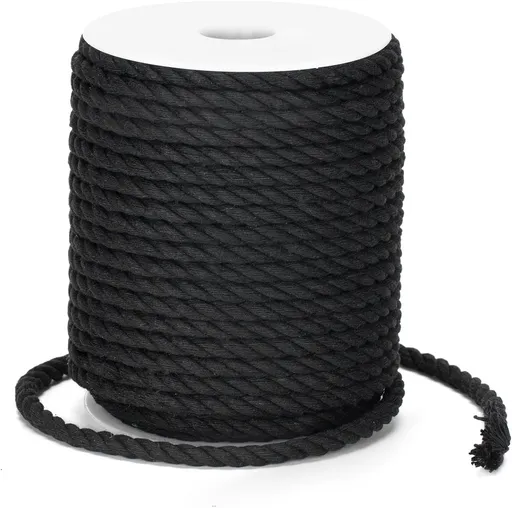 Petluno Macramé Cord 6 mm, 30 m Black Cotton Rope Thick for Crafting, Wall Hangings, Plant Hangers, Knitting, Gardening, Decoration Black 6mm 30m