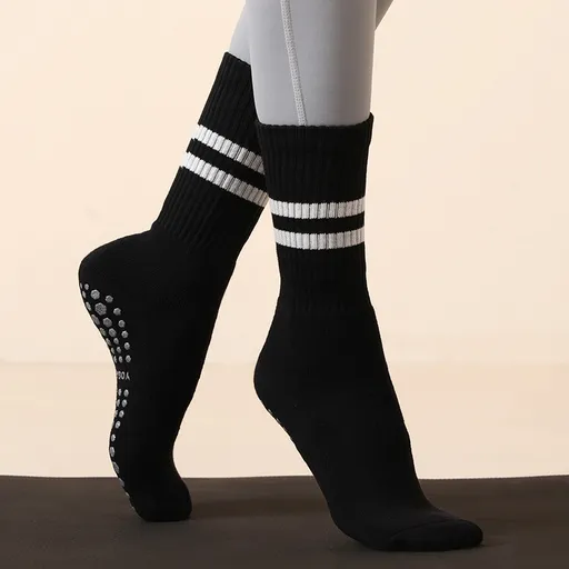 Black (3-Pack) Unisex Striped Non-Slip Grip Socks - Cotton Crew Socks for Yoga, Pilates & Home Workouts