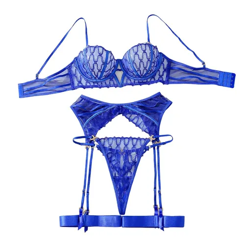 House Of Dasein Blue Embroidery Gathered Perspective Slim Fit Sexy Lingerie Split Set - Royal Blue - M