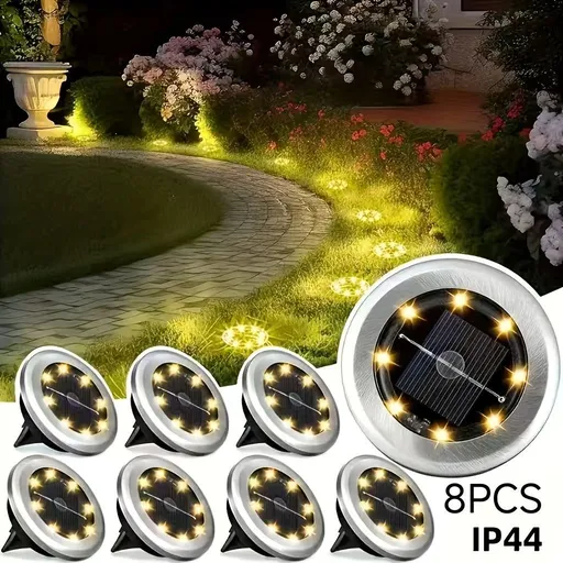 Solar Ground Spotlights 8 LED Rotating Disc Lights Stainless Steel Outdoor - Silver - Size White light
