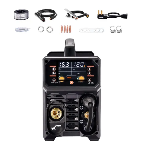 Pro MIG Welder, 200Amp Pluse Mig Welding Machine, 5-in-1 Synergic Welder Machine MIG Pluse/Gas MIG/Flux Core MIG/Stick/Lift TIG with IGBT Inverter Technology and LCD Screen Display