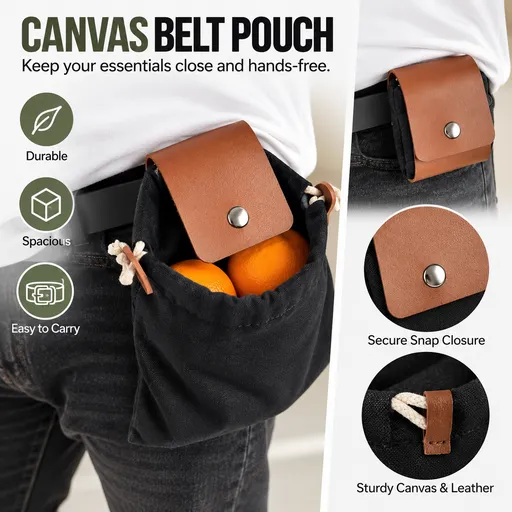 Black Portable Outdoor Canvas Foraging Pouch - Collapsible Belt Waist Bag for Camping & Bushcraft, 20 X 21.5 CM