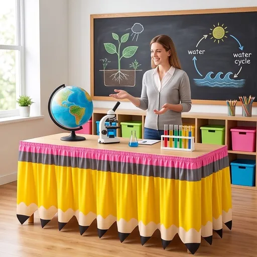 Fits 140x75cm Circular Tables, Season Pencil Skirt Desk Skirt Teacher Desk Skirt Round Desk Skirt, Teacher Desk Skirt, Desk Skirt For Teacher, Yellow Table Skirt, Cloth Construction