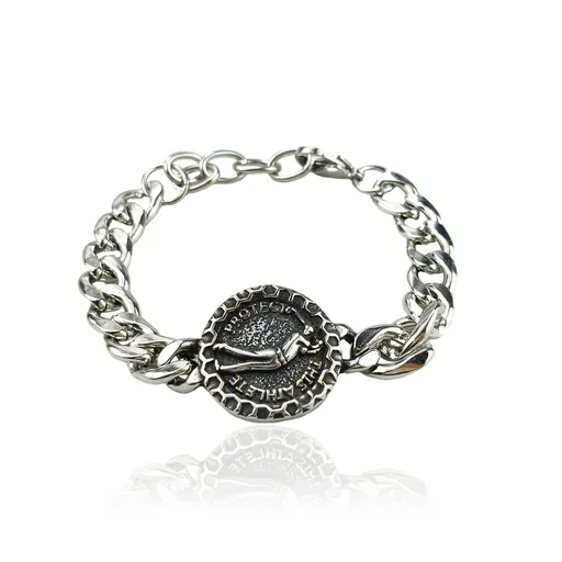 Silver Style 5 Men's Stainless Steel Curb Chain Bracelet - Retro Punk Hip Hop Style with Round Medallion Charm - Durable 26cm Streetwear Jewellery
