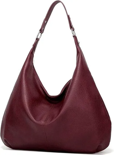 Womens Hobo Shoulder Bag, Vintage PU Leather Large Capacity Tote With Zipper And Adjustable Strap For Work Travel Daily Use, Bordeaux, 48 x 35 cm
