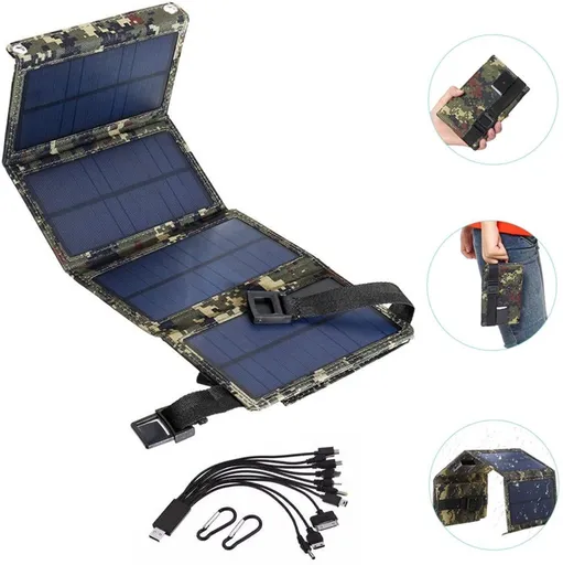Foldable USB Solar Panel for Camping RVs Boats Smartphones and Laptops, 20 W Output, 5 V, Camouflage