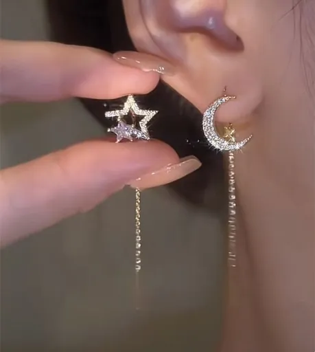 925 Sterling Silver Shiny Diamond Earrings, Crystal Tassel Chain Dangle Drop Earrings for Women Teen Girls (Star and Moon)