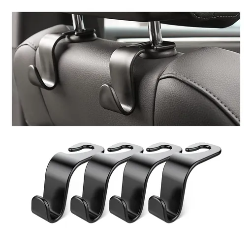 4-Pack Car Headrest Hooks – Heavy-Duty Seat Back Organizers for Handbags, Groceries, Coats & More, Universal Fit, No Tools Needed, Strong & Silent Design (Black)