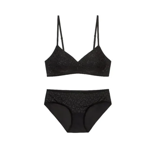 Seamless Women's Invisible Jelly Gel Fixed Cup Small Chest Gathering Soft Support Sexy Deep V Wireless Bra Set - Black - Xl