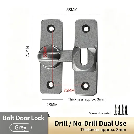 Gray 90°/180° Universal Door Latch Bolt with Screws | Christmas Matte Durable Gift | 2-in-1 Door Bolt Latch Buckle Anti-Theft Sliding Door Lock