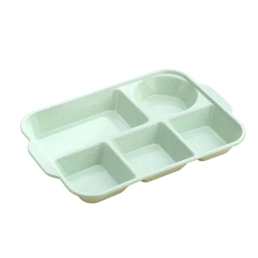 Unbreakable Divided Plates, 5-Compartment Wheat Straw Tray Divided Food Plates Lunch Trays Section Plates for Kids Adults, Microwave Dishwasher Safe, BPA Free Green