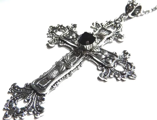 Large Gothic Cross Necklace silver-tone pendant with glass stone, on 24" steel chain…