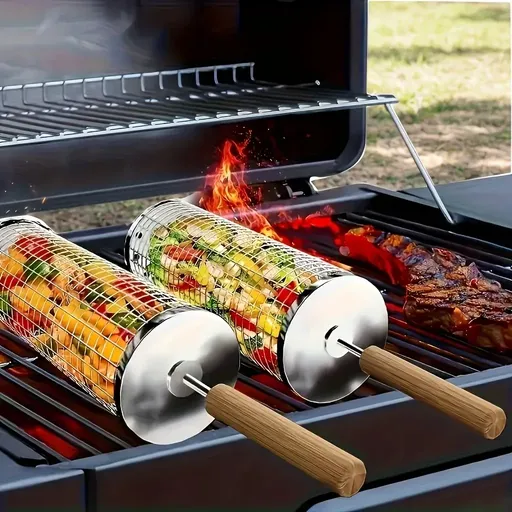 stainless steel BBQ grill, anti-scald design (barbecue basket + barbecue fork + hook) barbecue tool set, portable outdoor barbecue essential items, barbecue camping barbecue accessories, covered outdoor barbecue basket, suitable for camping and outdo