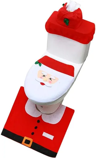 3 Pieces Christmas Theme Xmas Santa Bathroom Decoration Set w/Toilet Seat Cover, Rugs and Tank Cover for Christmas Home Decorations Bathroom Decor Party Favors