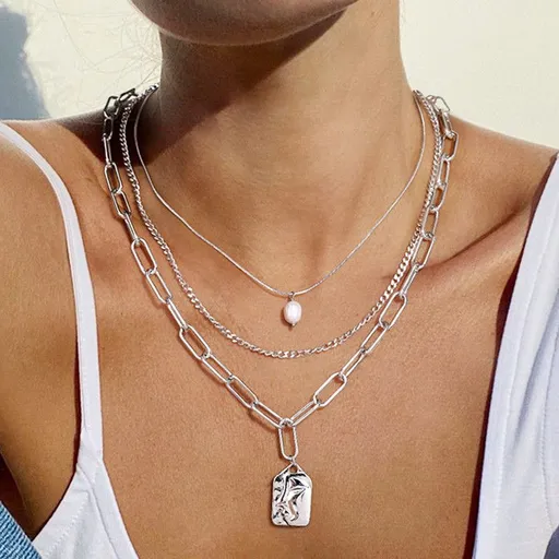 Artistic Face Pearl Necklace, Three-Strand Layered Gold-Plated Collar Necklace, Unique Women's Fashion Necklace - Silver