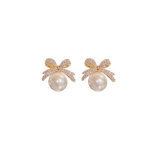 Vintage Ribbon Pearl Earrings Elegant Jewelry for Women Fashion Accessories Gift - Champagne