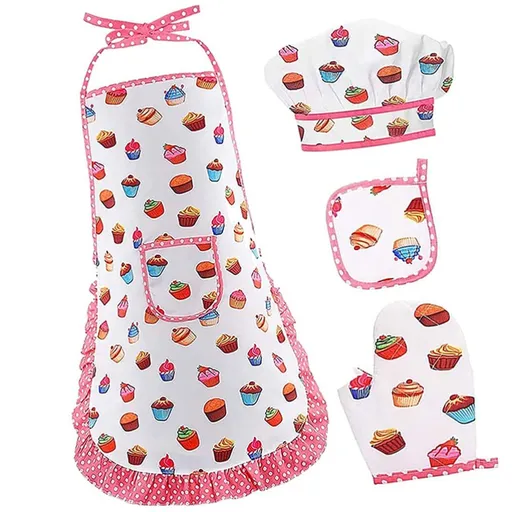 Girls Age 6-8 Girl Aprons Chef Hat Glove Pot Holder Cooking Set Baking Bib Chef Hat Set Painting Training Wear Boys Girls Kitchen