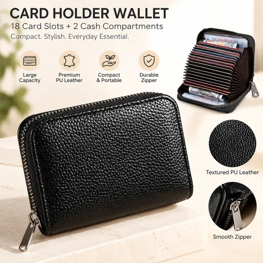 Litchi Grain Black Accordion Card Holder Wallet (18 Card Slots & 2 Coin Pockets) - Compact Multifunctional PU Card Organiser with Oxford Cloth Lining for Cards, Licence and Coins