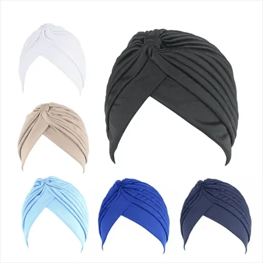 6PCS Hat, Solid Color Twisted Pleated Stretchable Chemo Head Cover Headwear Handband Beanie Arabic Head Scarf Muslim Hijab for Women