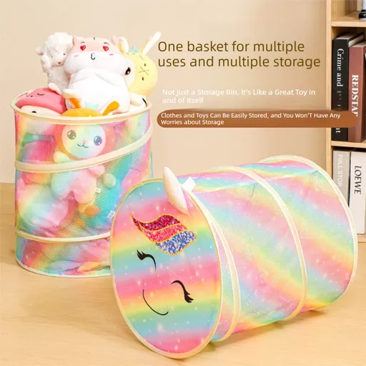 2 Pcs Cute Unicorn Design Foldable Mesh Storage Basket – Rainbow-Colored Toy Organizer for Plushies, Dolls & Kids' Toys