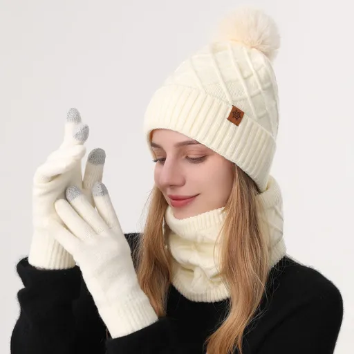 Women Milky-White Argyle 3-Piece Set-Hat Scarf and Gloves