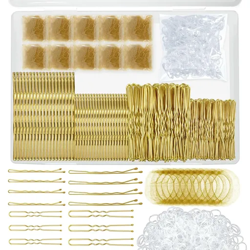 510PCS Blonde Bobby Pins Hair Pins Kit with Hair Net, Includes 100 Bobby Pins for Women, 100 U Shaped Buns Hair Clips, 300 Hair Bands and 10 Blonde Hair Nets, Dance competition must haves