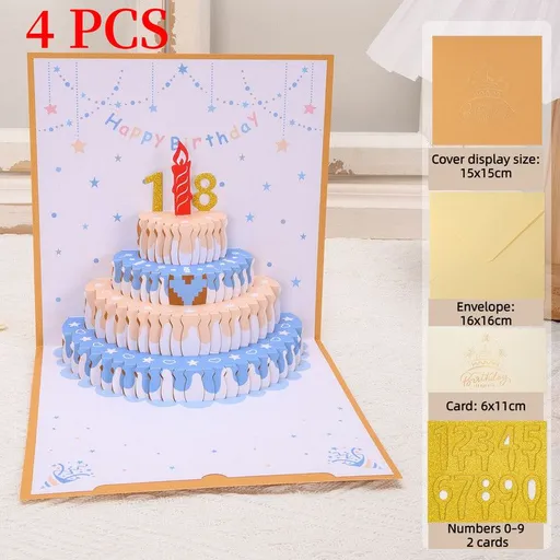 4-Pack - DIY Replaceable Number Cake 3D Pop-Up Birthday Cards, Papercut Foldable Greeting Gift Cards - Gold and Blue