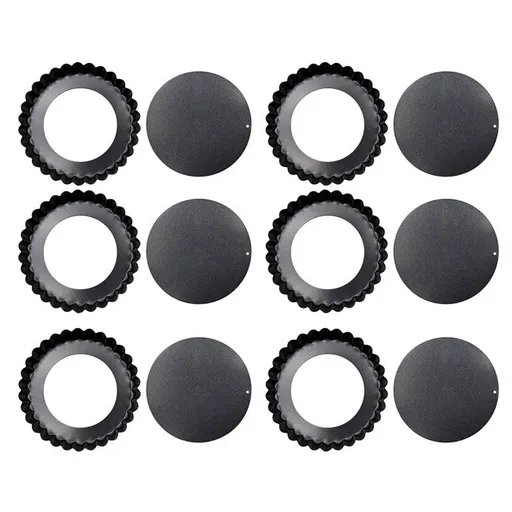 6PCS Removable Bottom Tart Pan Non Stick Coating Carbon Steel Black Quiche Pan for Kitchen