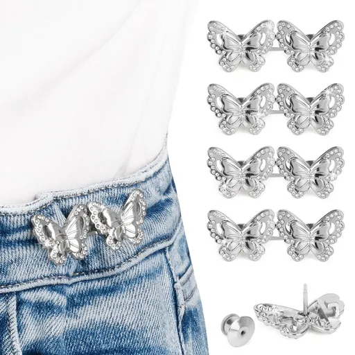 4 Pairs Pant Waist Tightener, Jean Buttons for Loose Jeans, No Sew and No Tools Jeans Button Tightener, Adjustable Buttons for Jeans Pants Button Tightener, Butterfly Instant Button Pins, Silver