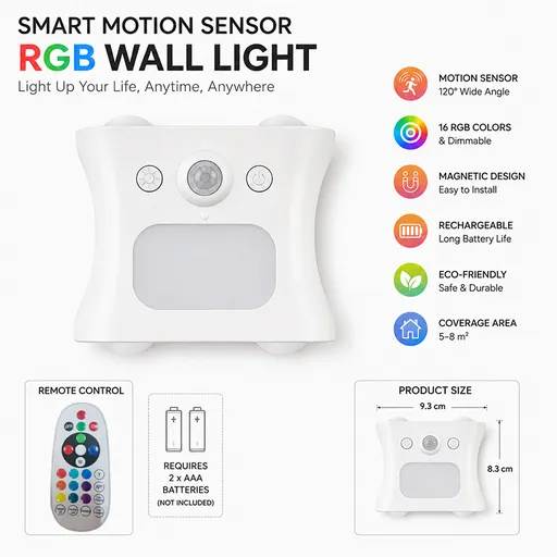 White Motion Sensor Wall Light, Rechargeable Magnetic LED Ambient Wall Lamp with Remote Control, 16 Colors & 3 Color Temperatures, Wireless Indoor Night Light for Bedroom Hallway Living Room