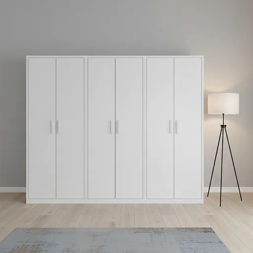 240x200cm 6-Door White Steel 1 Hanging and 2 Shelf Wardrobe with White Handle Storage Cabinet
