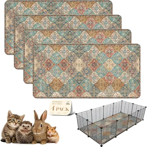 New 4Pack Washable Guinea Pig Pee Pads, Stylish, Non-Slip and Leak-Proof Pee Pads. Reusable Potty Pads for Small Animal Guinea Pigs Rabbit. (Cream/Multi, 24" X 48")