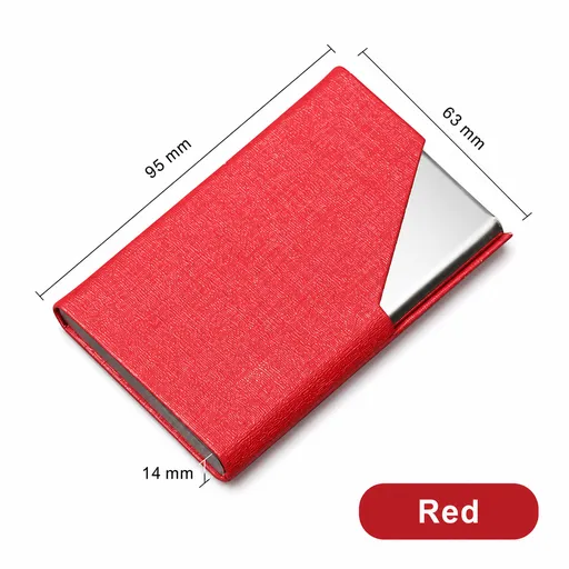 Red Stainless Steel and PU Leather Business Card Holder - 95mm x 63mm - Magnetic Flip Cover, Velvet Lining, Professional Office Accessory