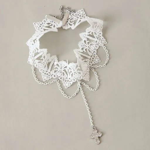 Choker Necklace Handmade Lace Alloy Cross Middle East Diamond White 11.02 Inch