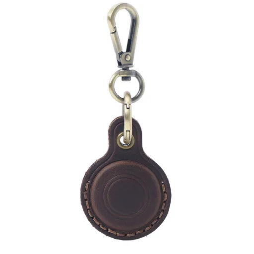 Coffee Genuine Crazy Horse Leather Case for Apple AirTag Protective Tracker Holder Keychain with Metal Clip Anti-Lost Fob for Keys Pets Luggage