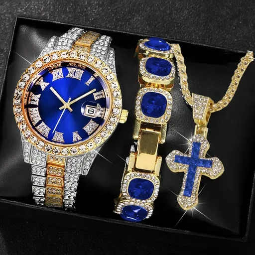 Men's Watch Set Luxury Blue Dial Watch Artificial Gemstone Bracelet Cross Necklace 1 Piece