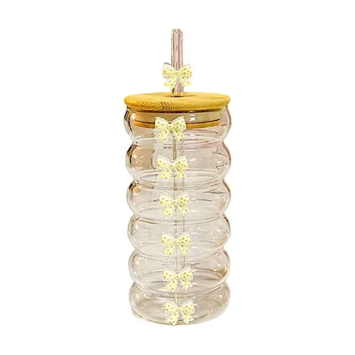 Bow-Tied Glass Tumbler With Lid And Straw, Reusable Cute Drinking Cup, Iced Coffee Smoothie Juice Mug, Gift For Women Girls