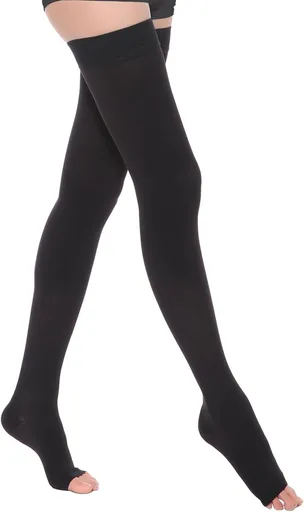 Thigh High Compression Socks for Women Men 23-32 mmHg Open Toe, Level 2 Support for Varicose Veins Edema, Breathable Cotton Spandex with Silicone Dotted Bands