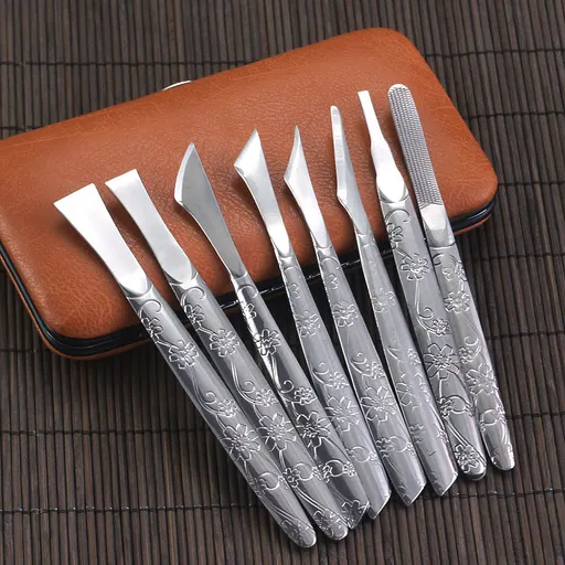 8-Piece Orchid Pattern Stainless Steel Pedicure Tool Set - Precision Tools with Leather Case for Ingrown Toenail & Dead Skin Removal