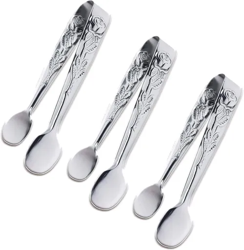 3PCS Mini Serving Tongs, 4Inch Rose Stainless Steel Sugar Cube Tongs, Sliver Small Ice Tong for Tea and Coffee Party, Appetizers, Desserts by (Silver)