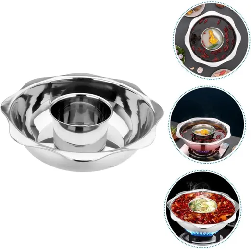 Stainless Steel Shabu Shabu Hot Pot Pot with Divider for Induction Cooktop Gas Stove (32cm, Without Cover)