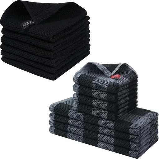 Homaxy 100% Cotton Waffle Weave Kitchen Dish Cloths, 12x12 Inches, 6-Pack, Black Kitchen Towels and Dishcloths Set, Black & Grey